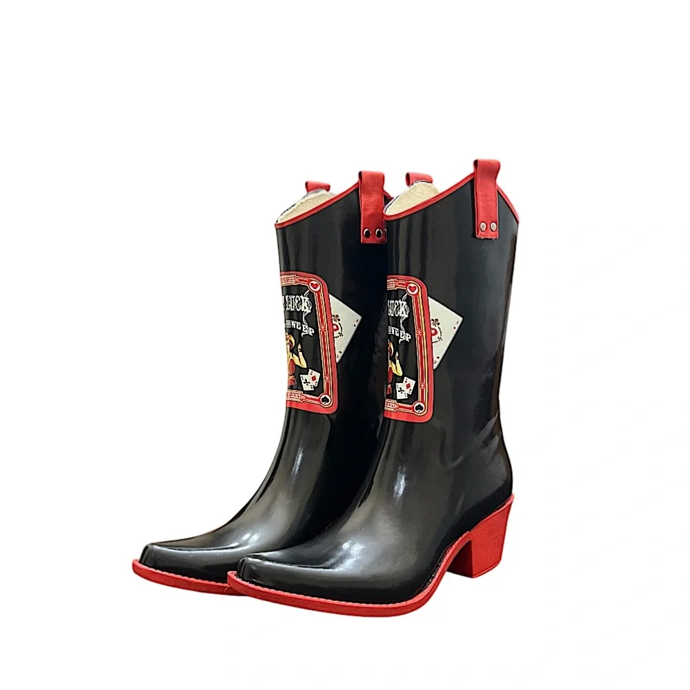 NOMAD - BLACK RED WESTERN RUBBER RAIN BOOTS